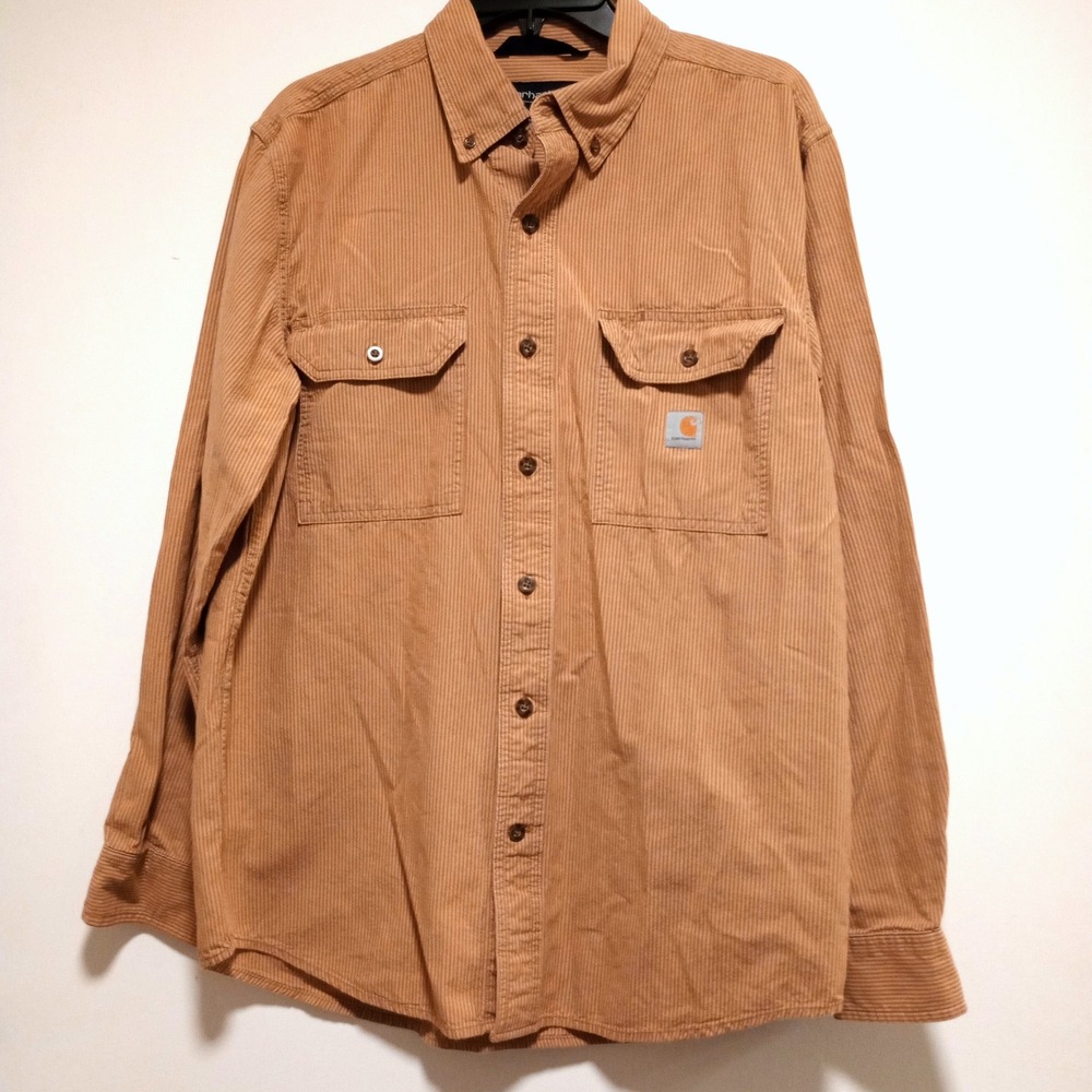 Carhartt Button Down Shirt Medium Tan Corduroy Workwear 104910 Pinstripe